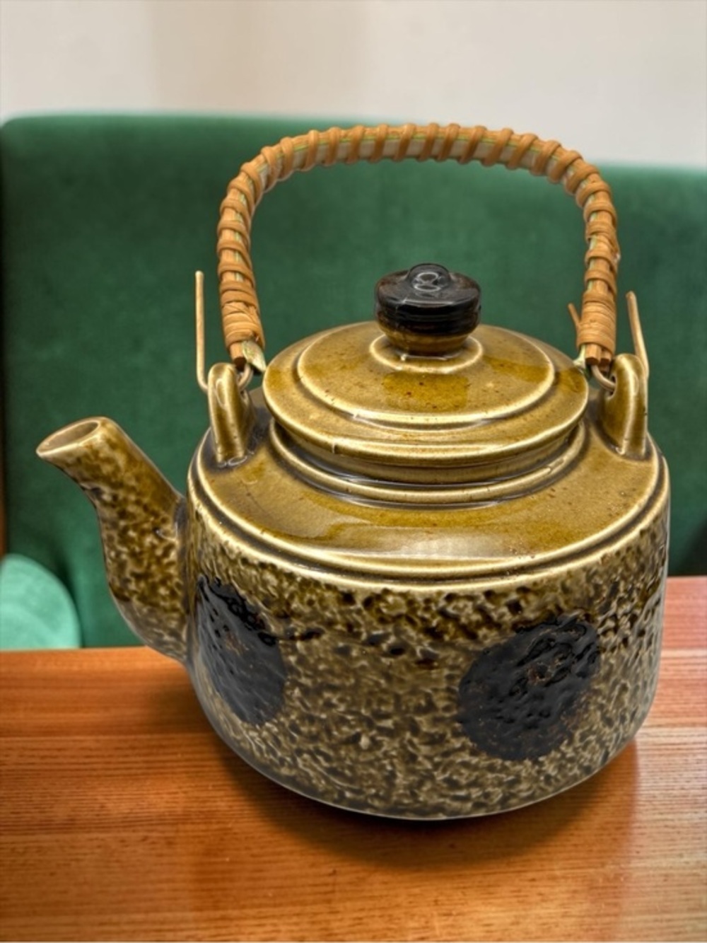 Ceramic Glazed Tea Kettle with Woven Handle - Olive Green